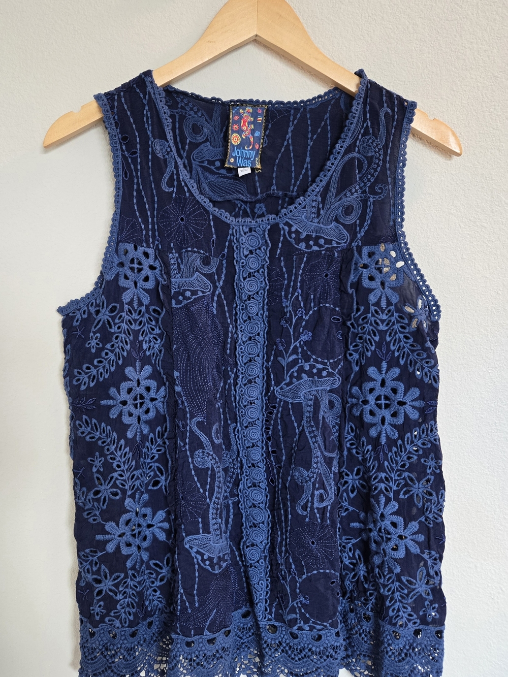 Johnny Was Navy Blue Sleeveless Embroidered Cotton Top